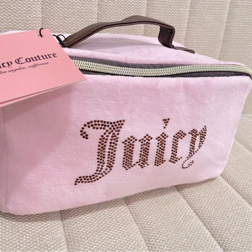 NEW Juicy‎ Couture Pink Velour Rhinestone Logo Makeup Bag Toiletry Case